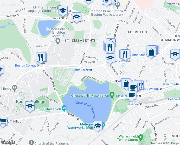 map of restaurants, bars, coffee shops, grocery stores, and more near 1992 Commonwealth Avenue in Boston