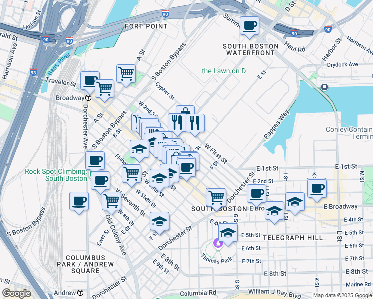map of restaurants, bars, coffee shops, grocery stores, and more near 227 West 3rd Street in Boston