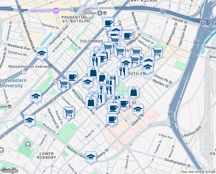 map of restaurants, bars, coffee shops, grocery stores, and more near in Boston