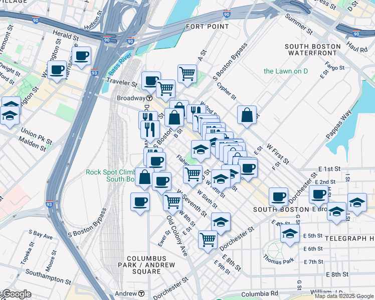 map of restaurants, bars, coffee shops, grocery stores, and more near 73 Crowley Rogers Way in Boston