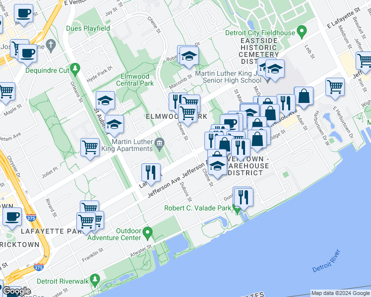 map of restaurants, bars, coffee shops, grocery stores, and more near 711 Chene in Detroit