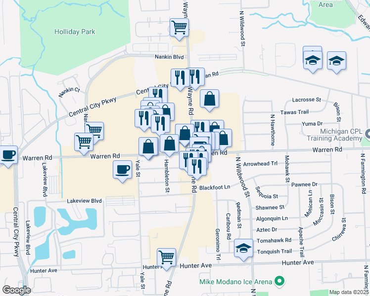 map of restaurants, bars, coffee shops, grocery stores, and more near 7205 North Wayne Road in Westland
