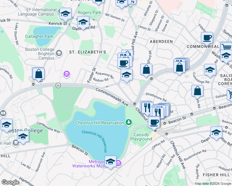 map of restaurants, bars, coffee shops, grocery stores, and more near 1931 Commonwealth Avenue in Boston