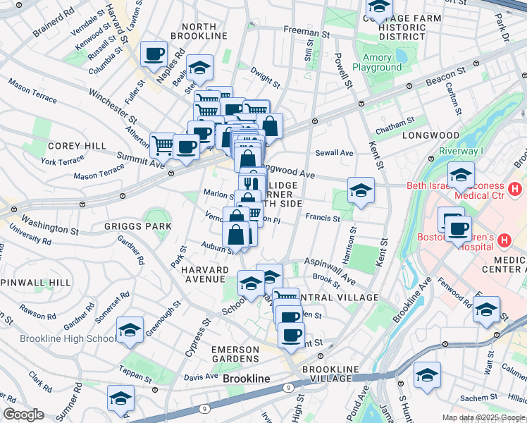 map of restaurants, bars, coffee shops, grocery stores, and more near 36 Alton Place in Brookline