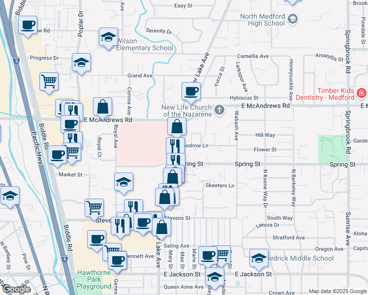 map of restaurants, bars, coffee shops, grocery stores, and more near 1044 Woodrow Lane in Medford