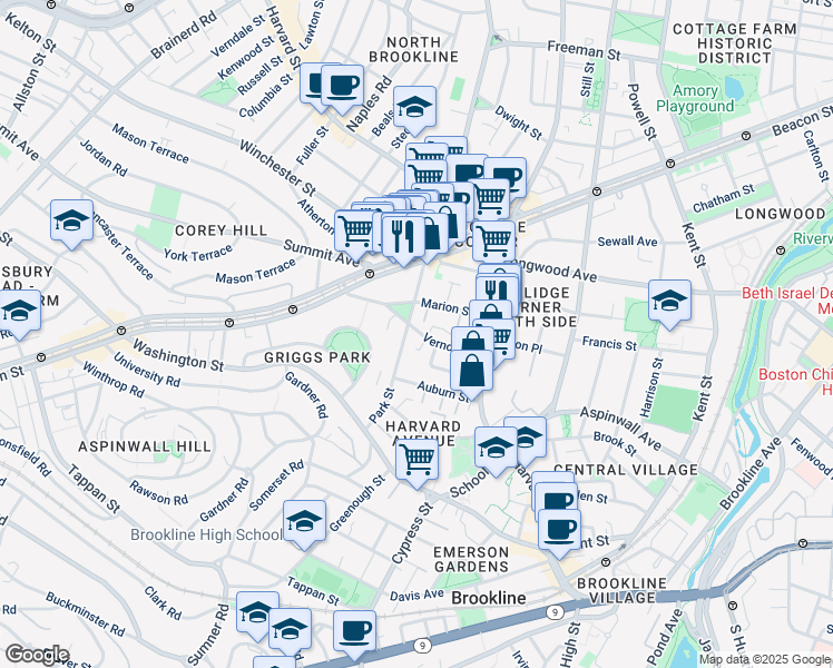 map of restaurants, bars, coffee shops, grocery stores, and more near 54 Vernon Street in Brookline