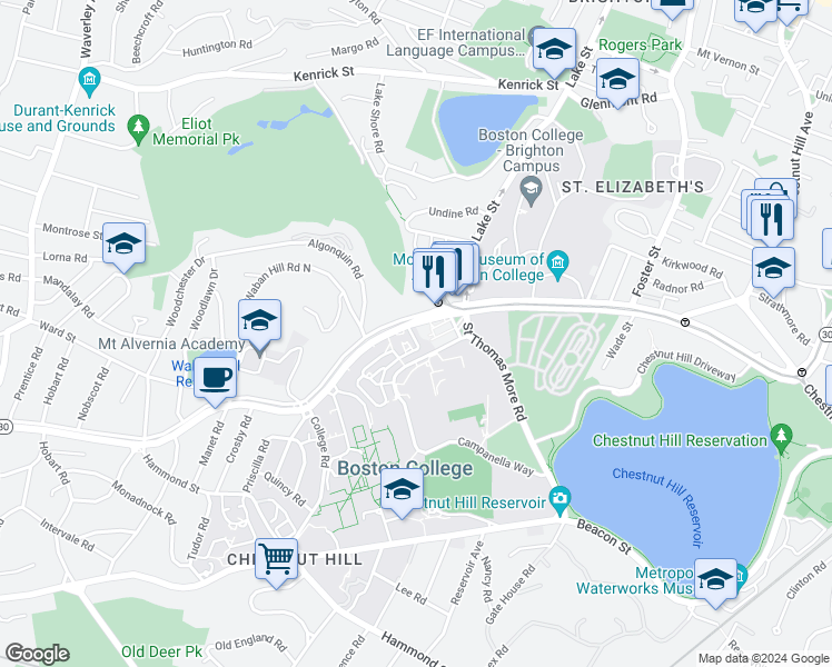 map of restaurants, bars, coffee shops, grocery stores, and more near 38 Commonwealth Avenue in Newton