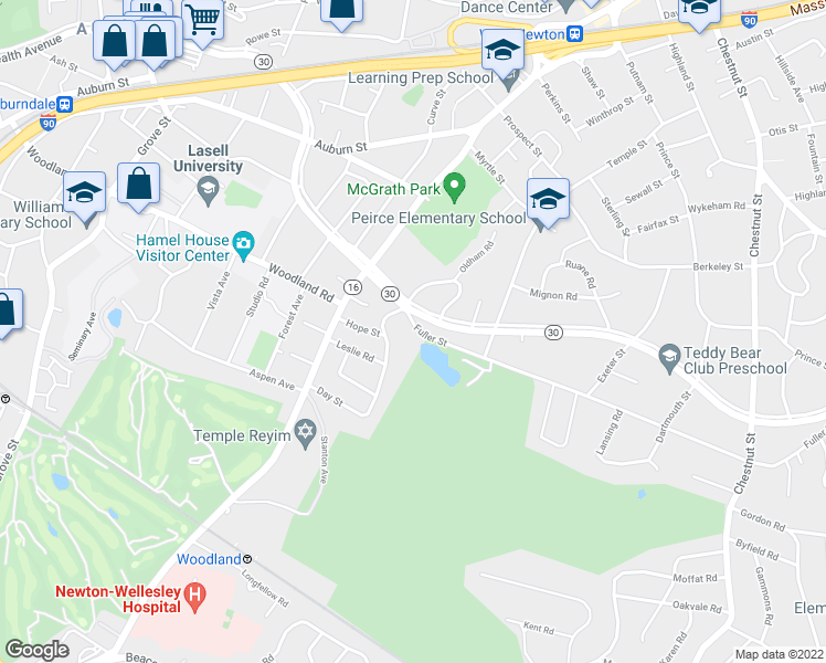 map of restaurants, bars, coffee shops, grocery stores, and more near 404 Fuller Street in Newton