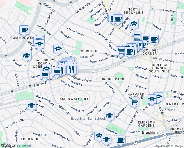 map of restaurants, bars, coffee shops, grocery stores, and more near in Brookline