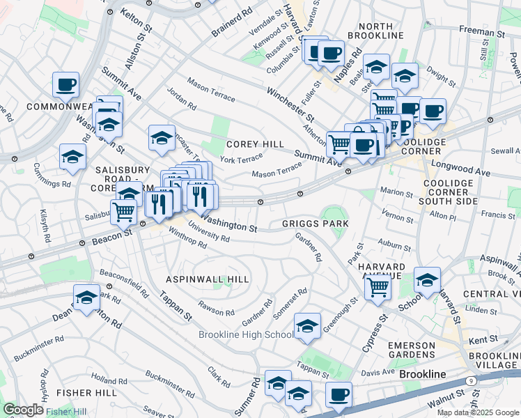 map of restaurants, bars, coffee shops, grocery stores, and more near 1539 Beacon Street in Brookline