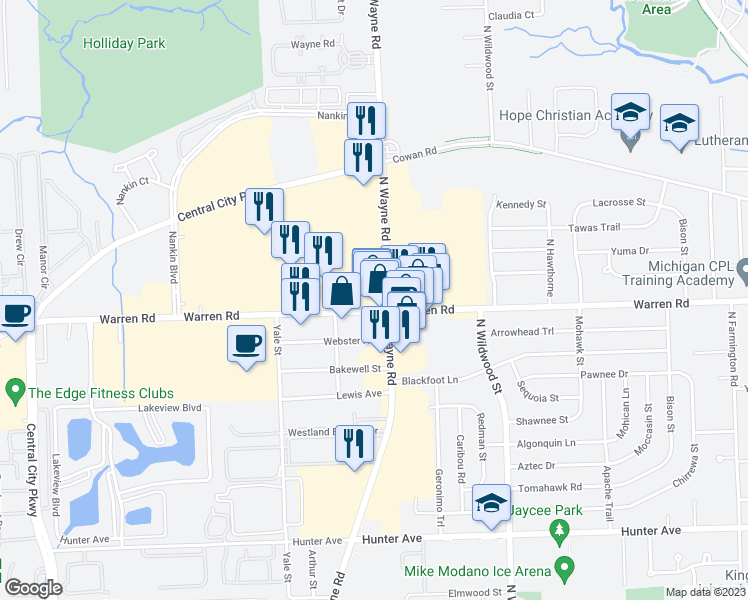 map of restaurants, bars, coffee shops, grocery stores, and more near 7205 North Wayne Road in Westland