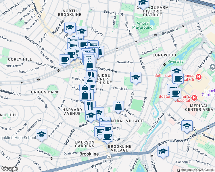 map of restaurants, bars, coffee shops, grocery stores, and more near 74 Saint Paul Street in Brookline