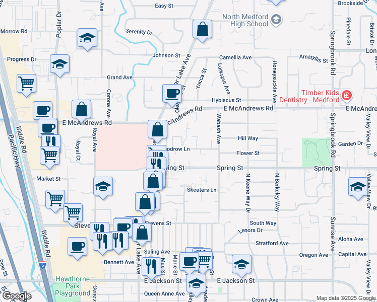 map of restaurants, bars, coffee shops, grocery stores, and more near 1164 Woodrow Lane in Medford