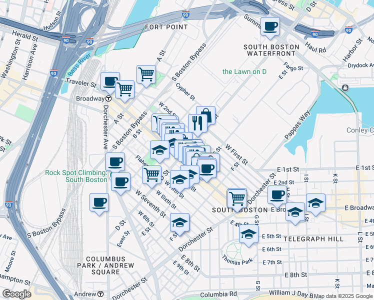 map of restaurants, bars, coffee shops, grocery stores, and more near 219 Athens Street in Boston