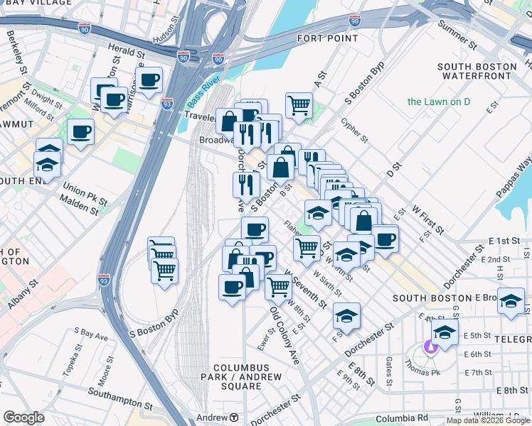 map of restaurants, bars, coffee shops, grocery stores, and more near 75 Flaherty Way in Boston