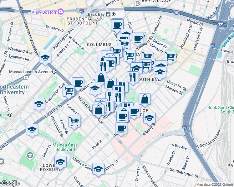 map of restaurants, bars, coffee shops, grocery stores, and more near in Boston