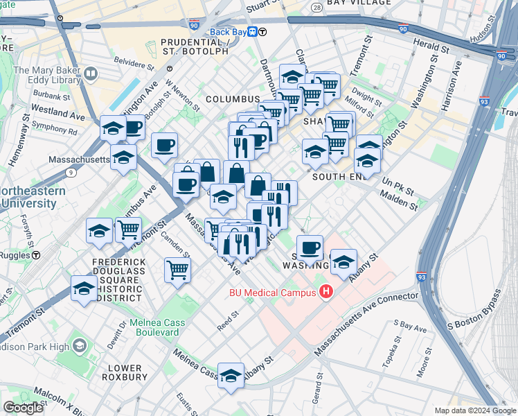 map of restaurants, bars, coffee shops, grocery stores, and more near 97 West Concord Street in Boston
