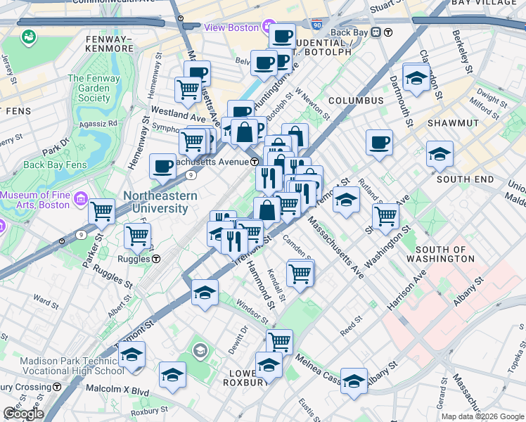 map of restaurants, bars, coffee shops, grocery stores, and more near in Boston