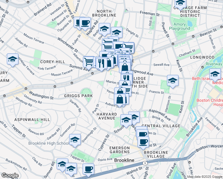 map of restaurants, bars, coffee shops, grocery stores, and more near 27 Vernon Street in Brookline