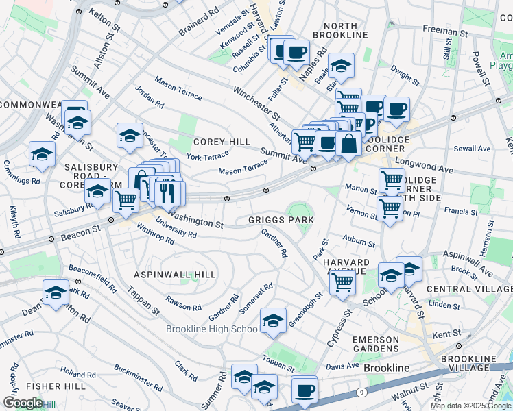 map of restaurants, bars, coffee shops, grocery stores, and more near 107 Griggs Road in Brookline