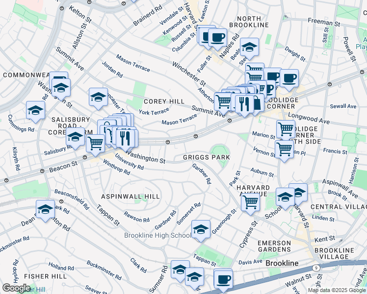 map of restaurants, bars, coffee shops, grocery stores, and more near 107 Griggs Road in Brookline