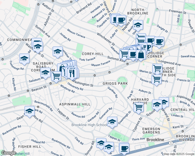 map of restaurants, bars, coffee shops, grocery stores, and more near 107 Griggs Road in Brookline
