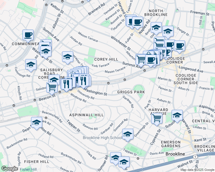 map of restaurants, bars, coffee shops, grocery stores, and more near in Brookline