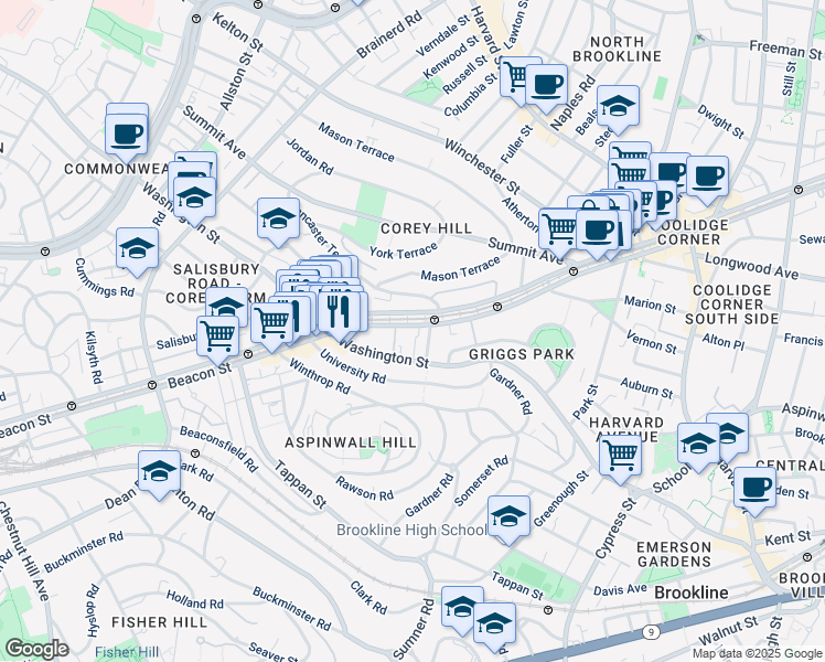 map of restaurants, bars, coffee shops, grocery stores, and more near in Brookline