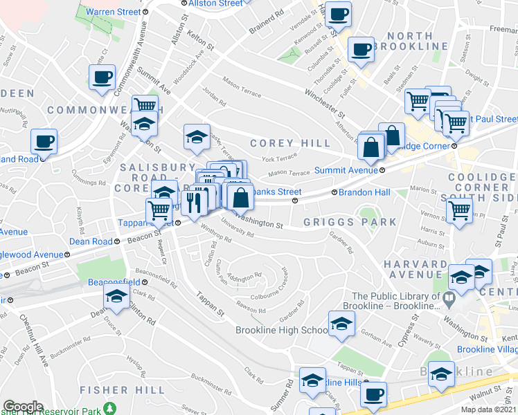 map of restaurants, bars, coffee shops, grocery stores, and more near 1581 Beacon Street in Brookline