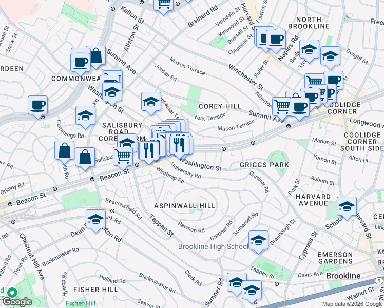 map of restaurants, bars, coffee shops, grocery stores, and more near in Brookline