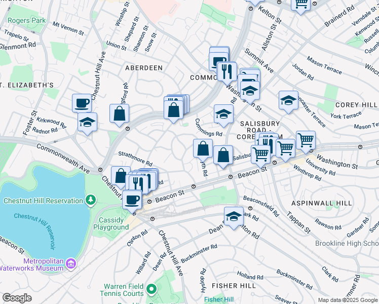 map of restaurants, bars, coffee shops, grocery stores, and more near 38 Kilsyth Road in Brookline