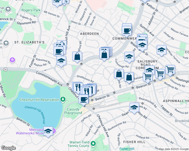 map of restaurants, bars, coffee shops, grocery stores, and more near 9 Kilsyth Terrace in Boston