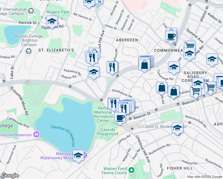 map of restaurants, bars, coffee shops, grocery stores, and more near 104 Strathmore Road in Boston