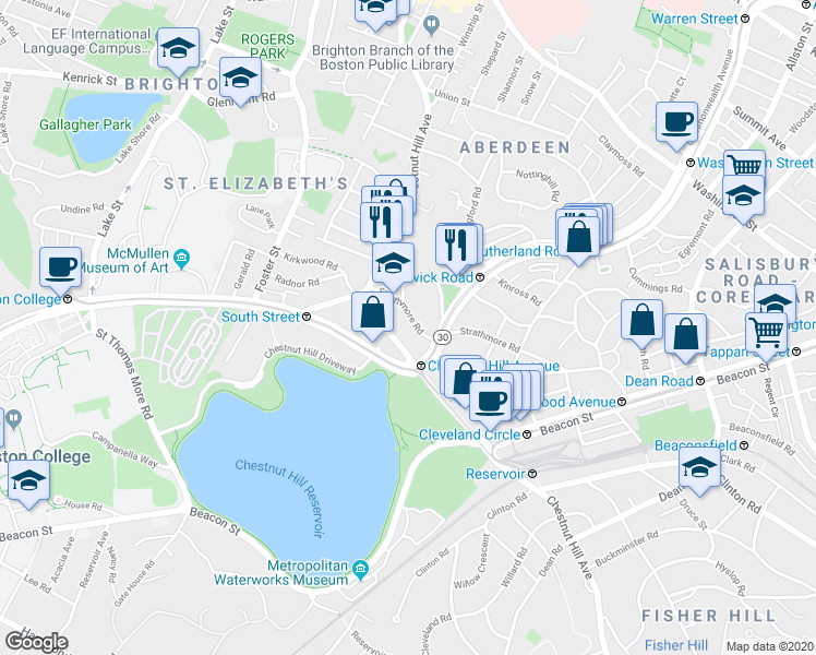 map of restaurants, bars, coffee shops, grocery stores, and more near in Boston