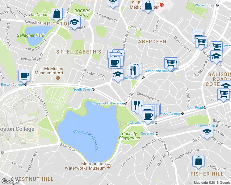 map of restaurants, bars, coffee shops, grocery stores, and more near 1925 Commonwealth Avenue in Boston