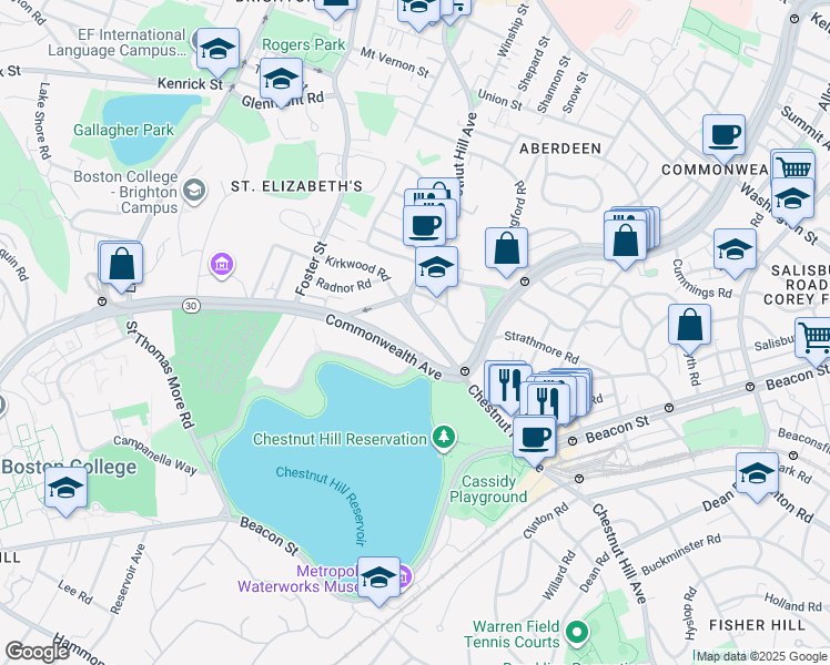 map of restaurants, bars, coffee shops, grocery stores, and more near 1931 Commonwealth Avenue in Boston