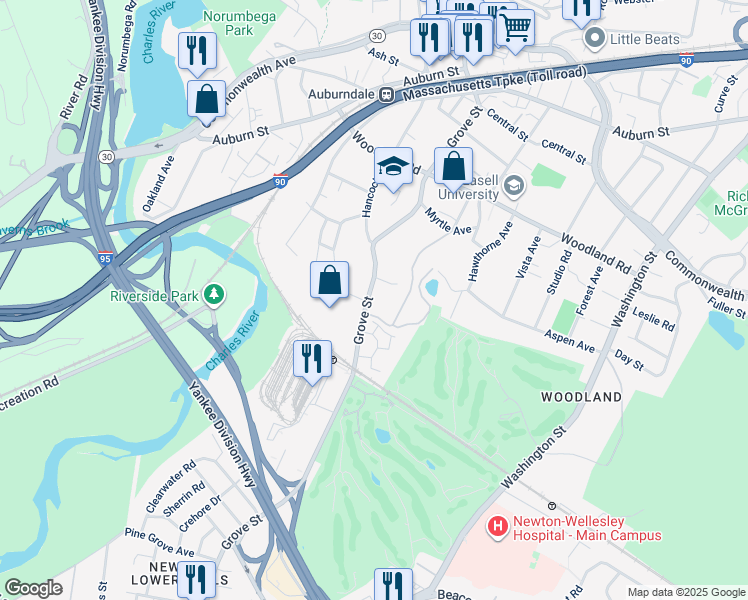 map of restaurants, bars, coffee shops, grocery stores, and more near 257 Grove Street in Newton