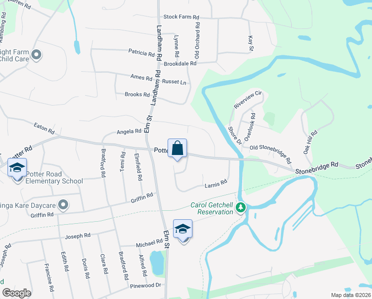map of restaurants, bars, coffee shops, grocery stores, and more near 110 Potter Road in Framingham