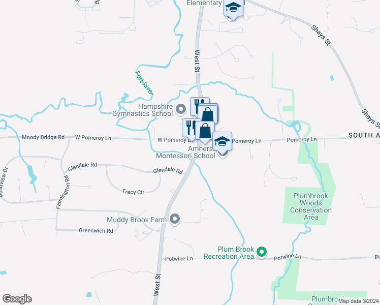 map of restaurants, bars, coffee shops, grocery stores, and more near 500 West Street in Amherst