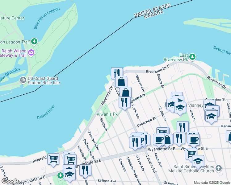 map of restaurants, bars, coffee shops, grocery stores, and more near 7815 Riverside Drive East in Windsor