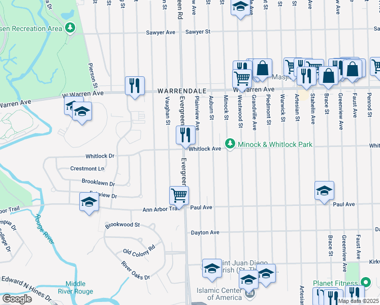 map of restaurants, bars, coffee shops, grocery stores, and more near 6520 Evergreen Road in Detroit