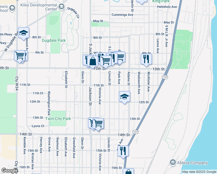 map of restaurants, bars, coffee shops, grocery stores, and more near 1113 Victoria Avenue in North Chicago