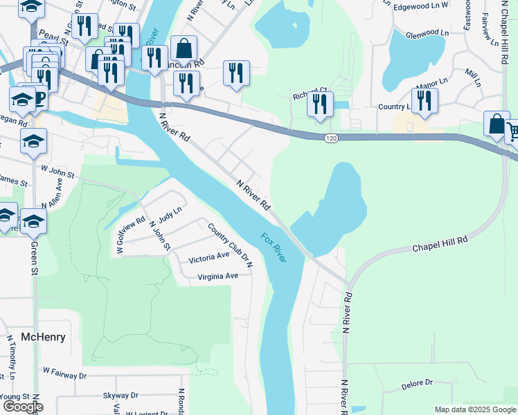 map of restaurants, bars, coffee shops, grocery stores, and more near 819 North River Road in McHenry