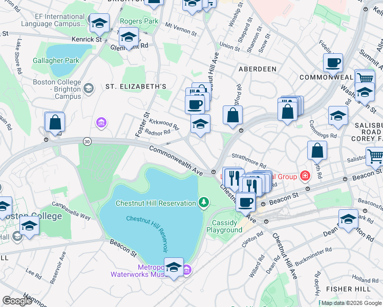 map of restaurants, bars, coffee shops, grocery stores, and more near 249 Chestnut Hill Avenue in Boston