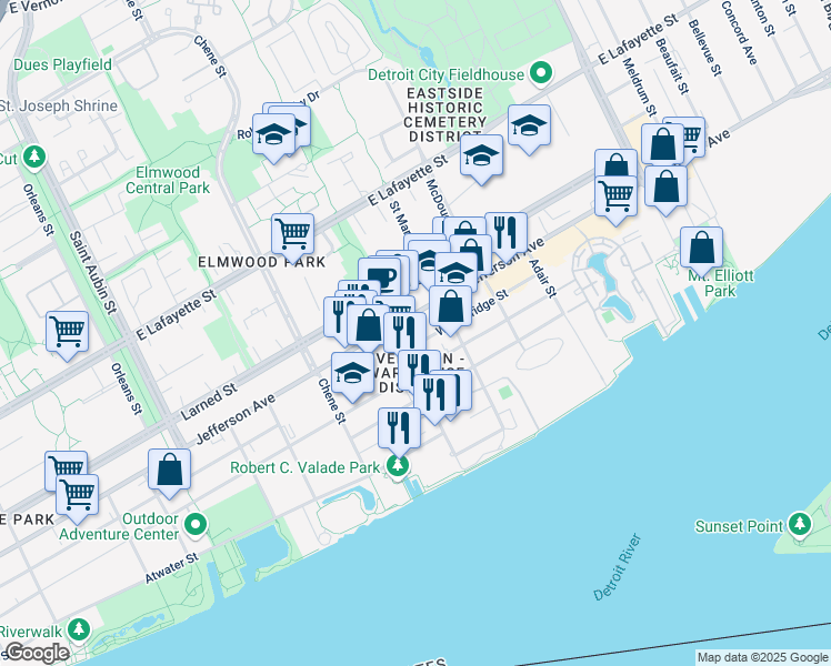 map of restaurants, bars, coffee shops, grocery stores, and more near 2910 East Jefferson in Detroit