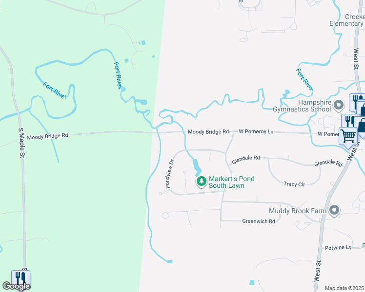 map of restaurants, bars, coffee shops, grocery stores, and more near 81 Pondview Drive in Amherst