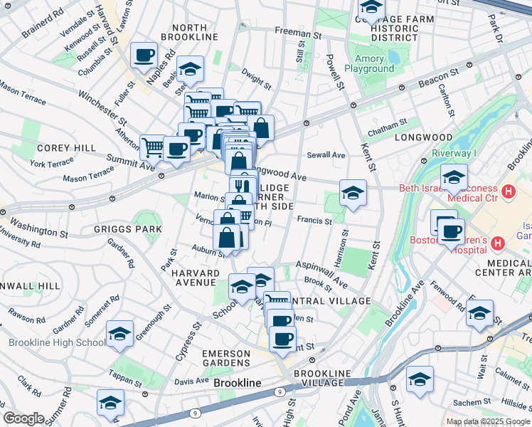 map of restaurants, bars, coffee shops, grocery stores, and more near 36 Alton Place in Brookline