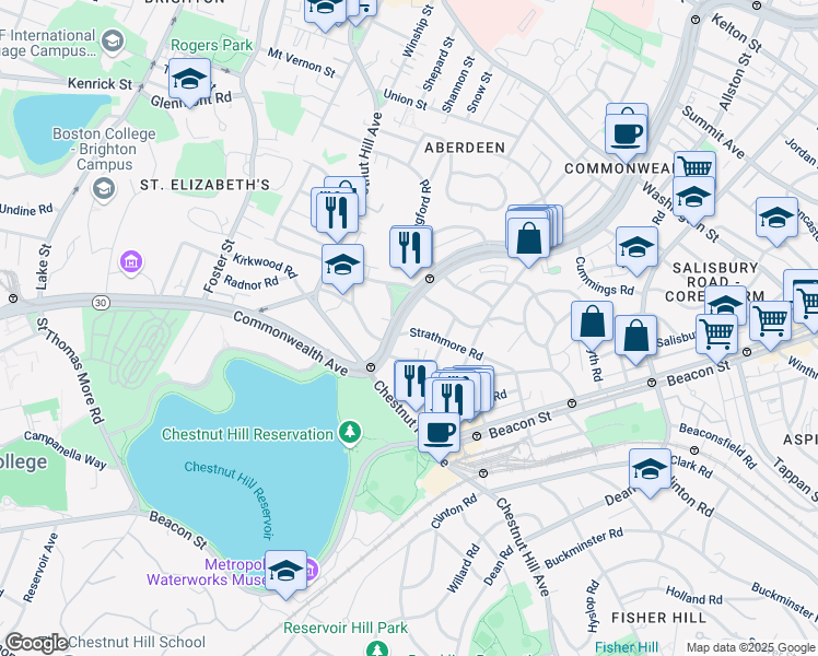 map of restaurants, bars, coffee shops, grocery stores, and more near 104 Strathmore Road in Boston