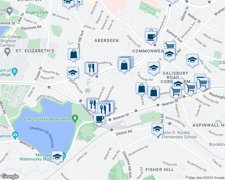 map of restaurants, bars, coffee shops, grocery stores, and more near 95 Sutherland Road in Boston