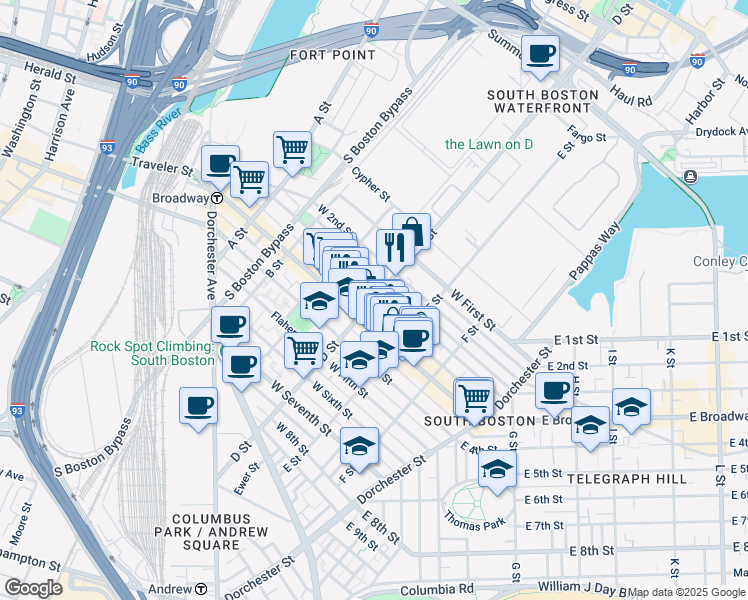 map of restaurants, bars, coffee shops, grocery stores, and more near 273 D Street in Boston